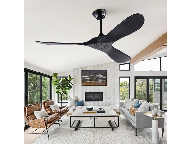  Ventilateur de plafond 132x132 cm, 3 pales en bois, sans éclairage, télécommande, noir  - Conforama C