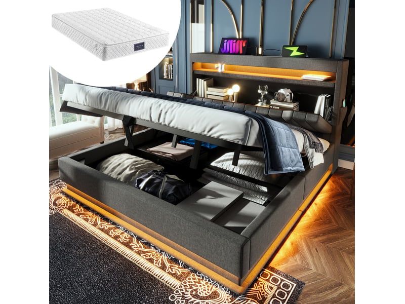  Lit double 160x200 cm avec rangement, éclairage led, usb et type-c, lin, gris, avec matelas  - Conforama B