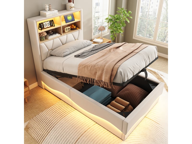  Lit coffre rembourré 90 x 200 cm, coffre à relevage hydraulique, éclairage led, commande par application, ports usb, tissu effet lin, beige ABC - Conforama B