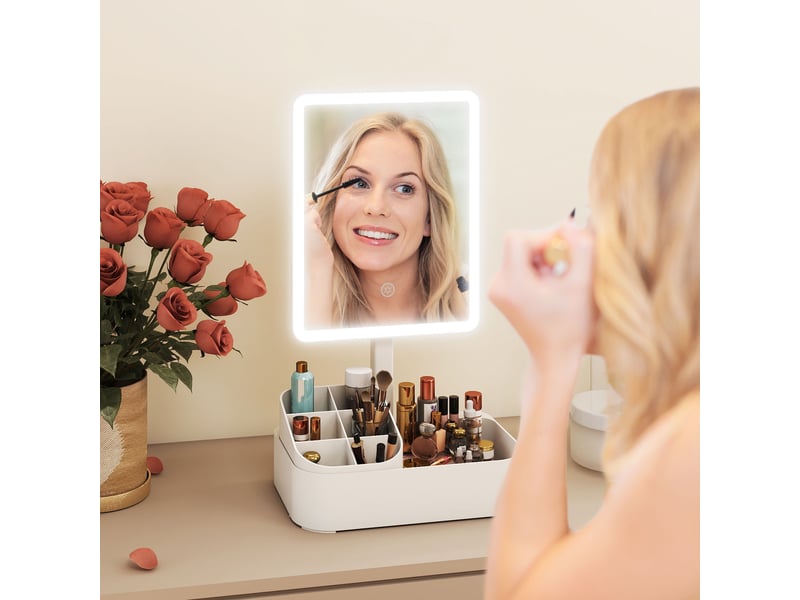  Miroir de maquillage avec éclairage réglable sur 2 niveaux, rotation à 180° et organiseur de maquillage, blanc  - Conforama D