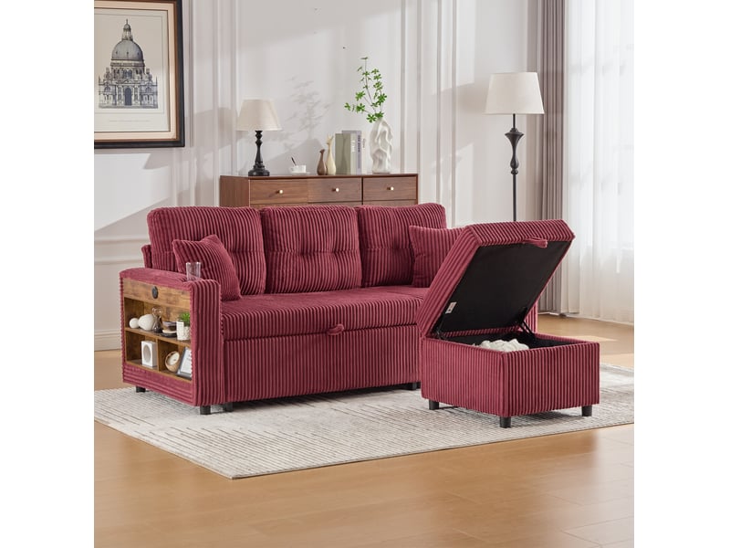  Canapé 3 places 196x82–144x85cm, lumières led, prise usb‑c intégrée, coussins moelleux, velours côtelé rouge bordeaux  - Conforama B