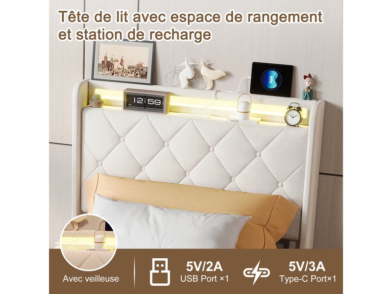  Lit simple rembourré 90x200 cm ,lit adulte avec led et 2 tiroirs ,ports usb ,tête de lit avec rangement ,velours ,beige  - Conforama E