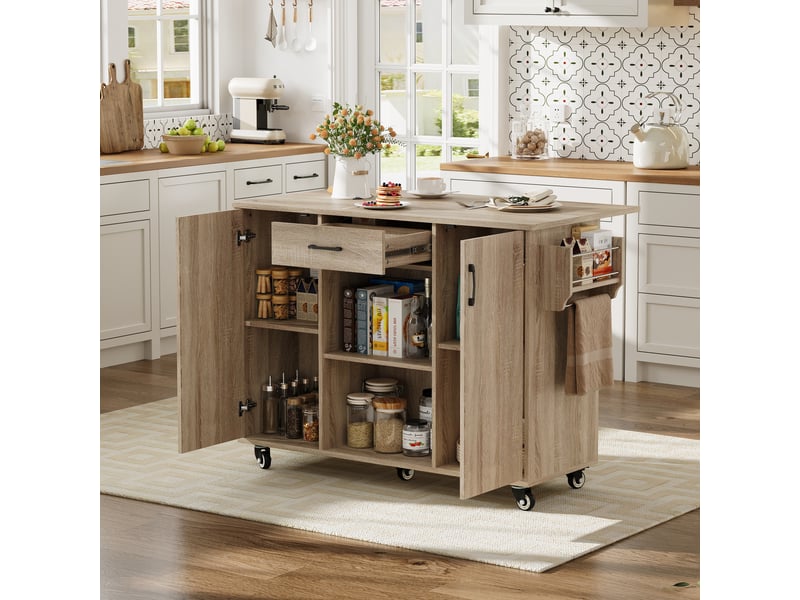  Îlot de cuisine sur roulettes 120cm avec plan de travail pliable, desserte avec tiroir et placard, finition chêne sonoma, 120x43,5x92,9cm  - Conforama C