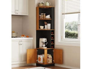 Meuble d'angle avec porte-verres, étagères ouvertes, 4 casiers à vin et placard, pour cuisine, noir, 40 × 40 × 182 cm