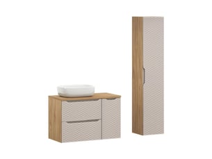 Ensemble de salle de bain yoka beige : meuble sous vasque 90 cm + plan pour vasque + vasque à poser + colonne de rangement