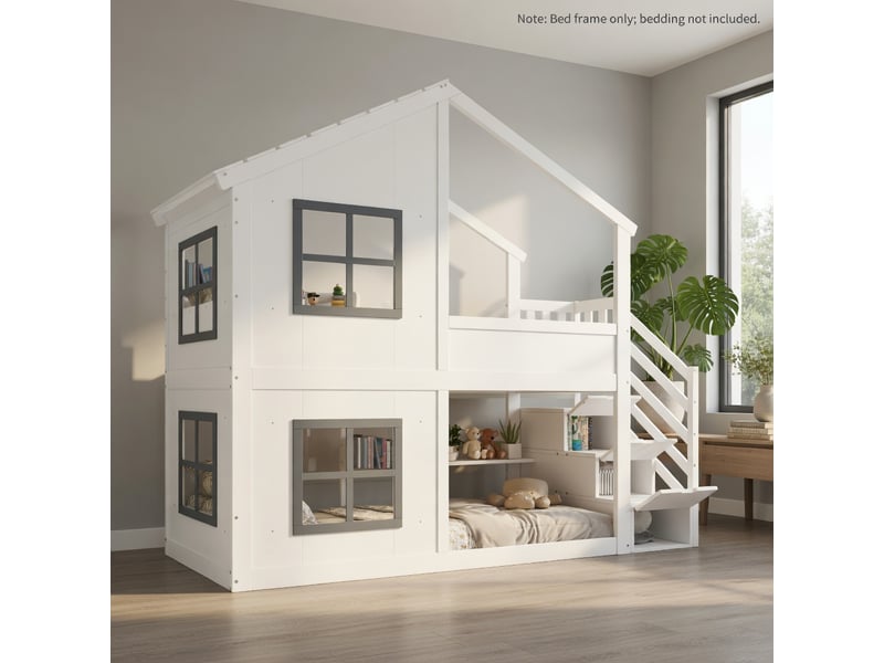  Gutenacht lit superposé 90x200cm, escalier armoire, fenêtre, blanc &amp; gris  - Conforama B