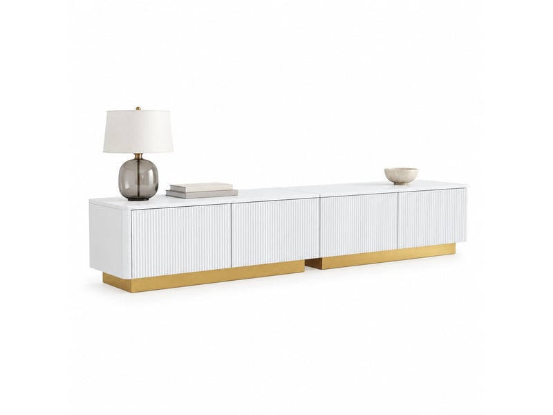  Meuble tv avec tiroirs, portes et passe-câbles, façade rainurée moderne pour salon, en mdf, blanc, 200×40×35 cm  - Conforama A