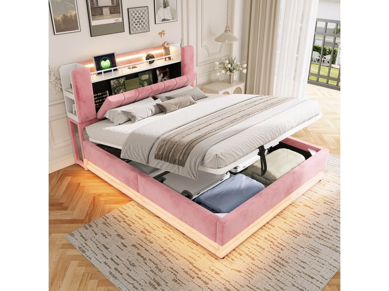  Lit double 160 × 200 cm avec coffre hydraulique, led, prises usb et rangement tête de lit en velours rose chambre  - Conforama B