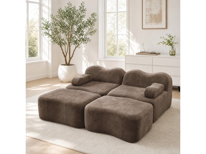 Canapé modulable 2 places 192x167x70 cm, dossier ondulé, mousse 32d, 2 poufs, velours, marron - Conforama B