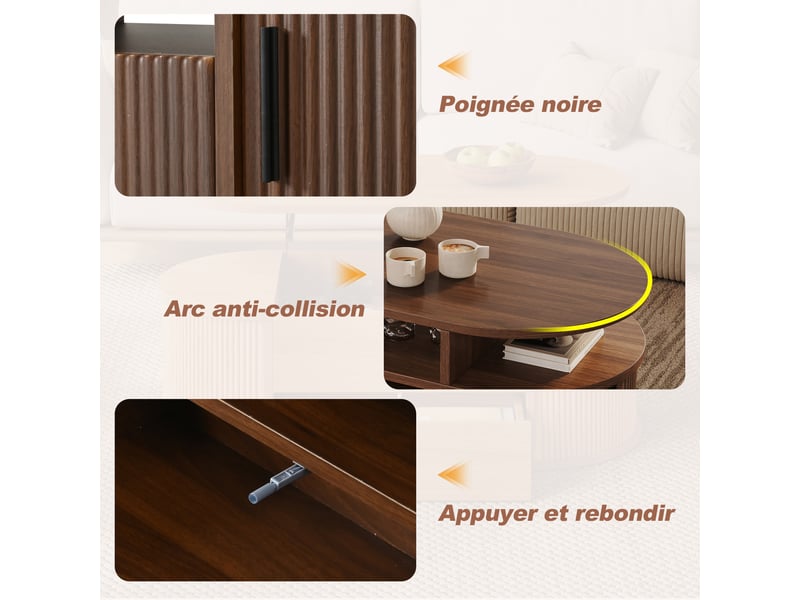  Table basse à bords arrondis 100 x 50 x 40 cm, 1 tiroir à pression, 2 portes à rideau, niches ouvertes, mdf et panneaux de particules, décor noyer Luxe haut de gamme - Conforama R