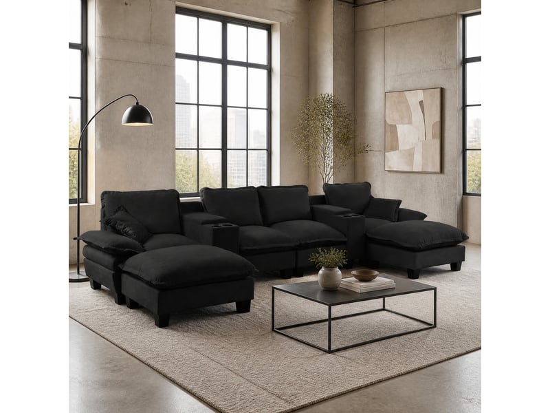  Canapé modulable en u modenvie 6 places avec rangement, usb et porte-gobelets, 392 x 155 x 90 cm, chenille noire, 2 ottomans et 2 coussins  - Conforama E