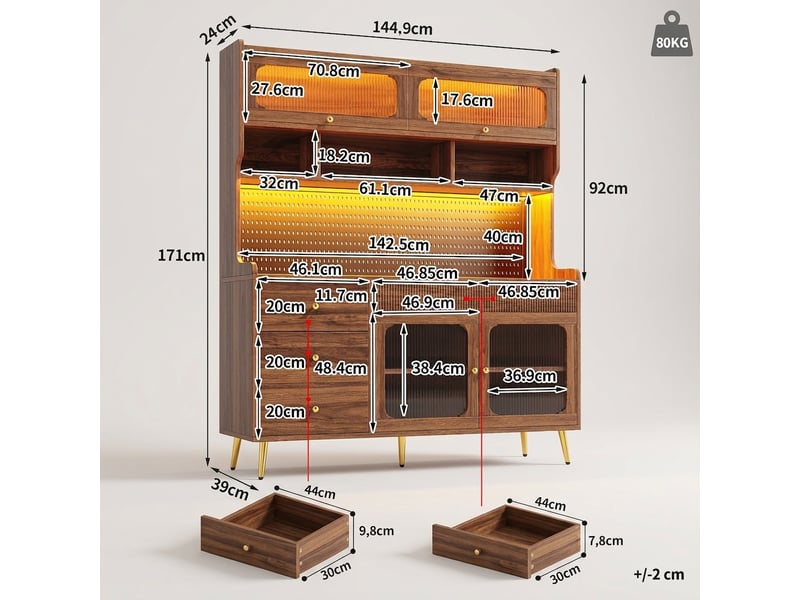  Buffet de cuisine haut noyer 145x39x171 cm avec led et porte relevable, meuble étroit  - Conforama C