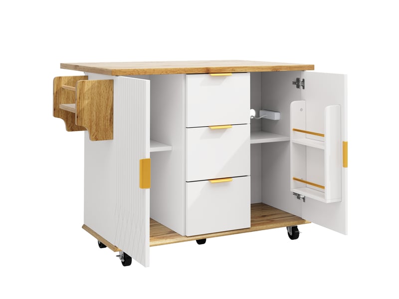  Chariot de cuisine avec plan de travail rabattable et prise électrique, îlot de cuisine mobile avec roulettes, finition bois-blanc, capacité maximale 70 kg  - Conforama A