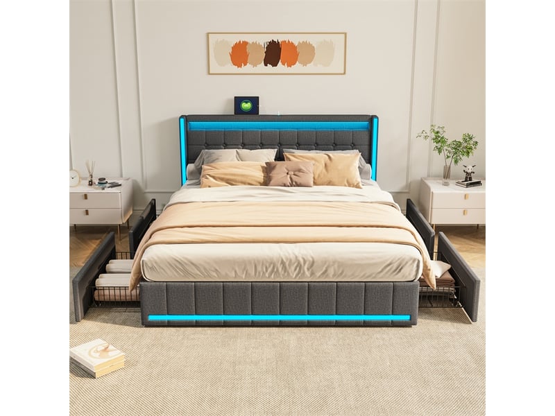  Lit 140x190cm - lit double 140x190cm avec 4 tiroirs - lit adulte led en lin - tête de lit avec usb type-c et sommier - gris foncé  - Conforama D