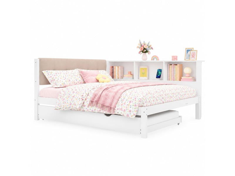  Lit gigogne 140x200 cm avec étagères, led et usb en bois de pin blanc  - Conforama A