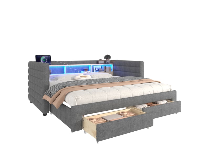 Lit enfant gigogne 90x190 cm avec led, 2 tiroirs, style minimaliste, ports usb type-c velours gris sans matelas - Conforama A