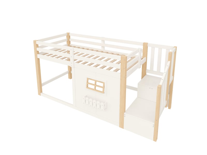  Lit mezzanine naturel et blanc 90 × 200 cm en pin, led, fenêtre et échelle avec rangement  - Conforama D