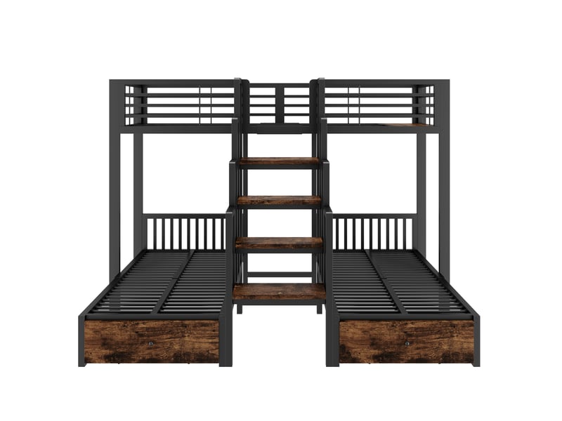  Lit superposé 90 × 200 cm 3 places avec escalier, barrières et 2 tiroirs, sans matelas, métal et bois noir  - Conforama E