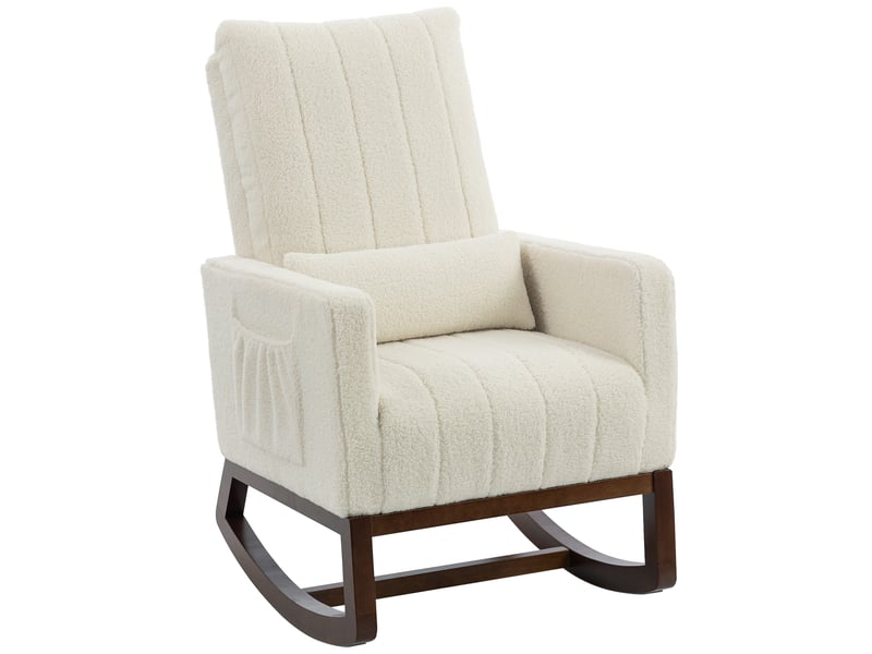  Fauteuil à bascule, rocking chair en flanelle neige rembourré, coussin lombaire, dossier haut, poches latérales, crème  - Conforama A