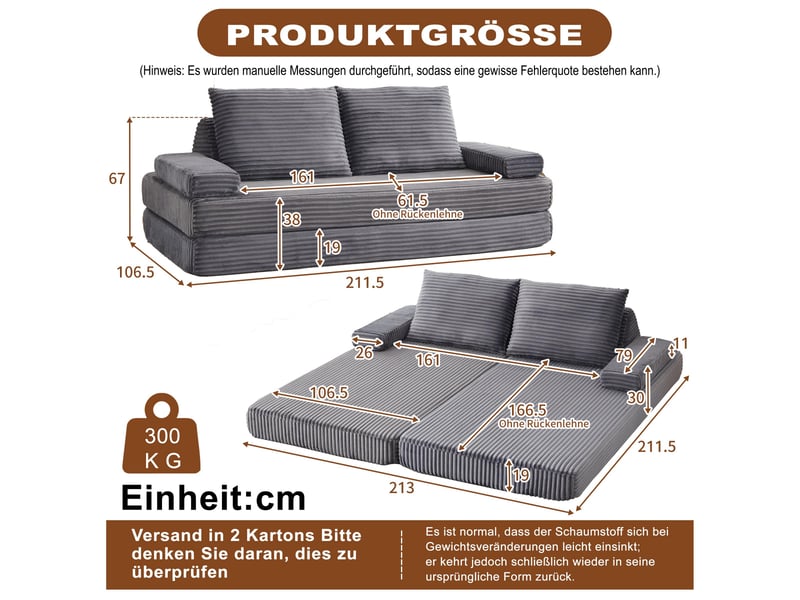  Canapé 2 places - 211,5x106,5x67 cm - modulable avec dossiers triangulaires, coussins et accoudoirs - gris  - Conforama D