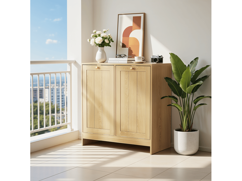 Meuble à linge tcqpz 66 x 33 x 68 cm à 2 paniers amovibles mdf et panneaux de particules coloris chêne - Conforama E
