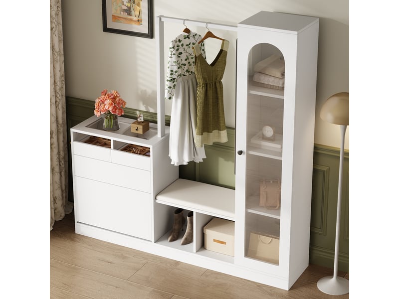  Portemanteau avec banc et rangement 163 cm en panneau de particules blanc  - Conforama B
