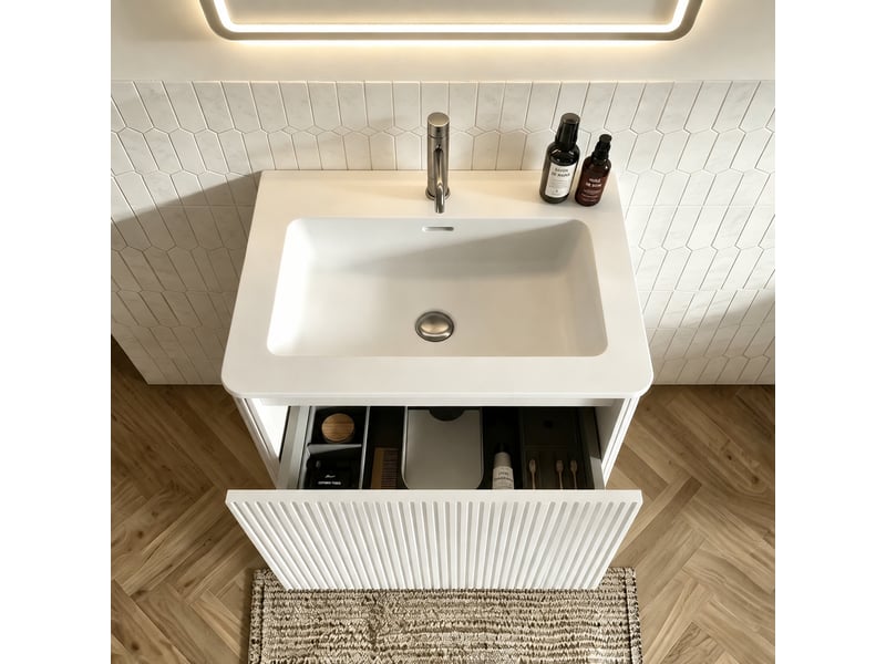  Ensemble meuble vasque suspendu 60 cm avec miroir rond led, finition blanche  - Conforama D