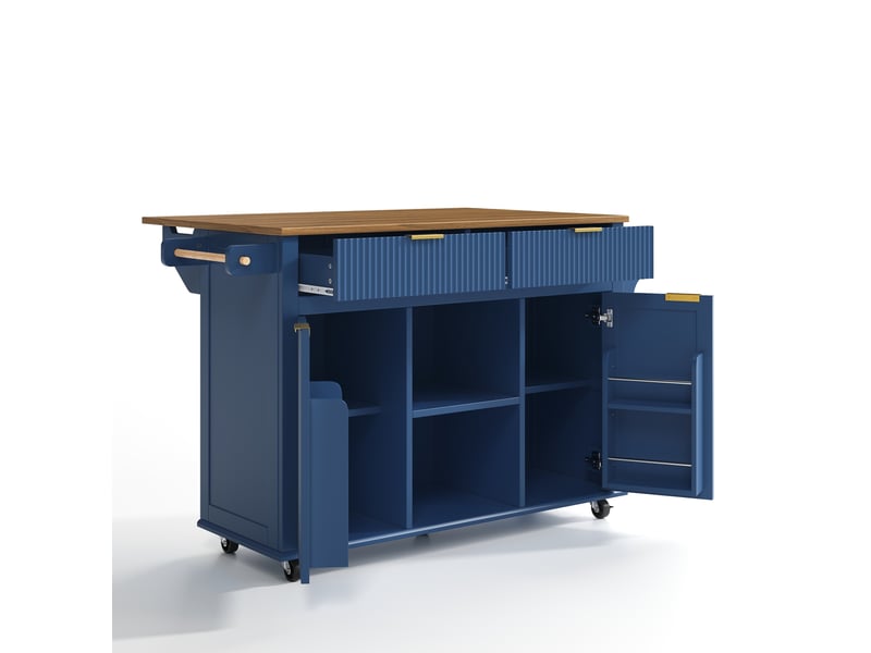 Desserte de cuisine 143x45x89,5 cm bleu et marron mdf, plan rabattable, rangements sur roulettes - Conforama D