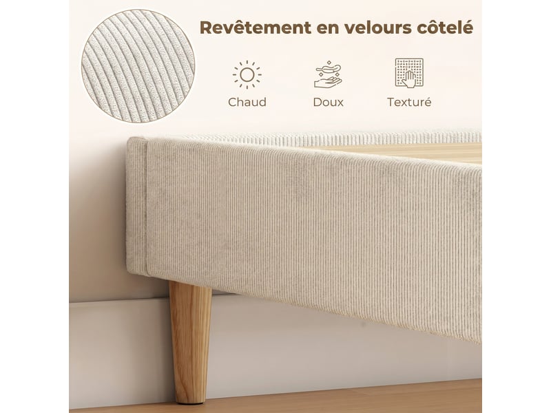  Cadre de lit 140 x 190 cm avec sommier, lit double rembourré en velours côtelé, espace de rangement au-dessous, crème  - Conforama D