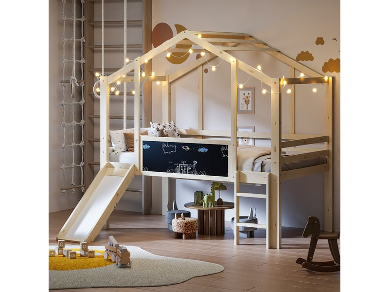  Lit enfant 90x200 cm avec toboggan sécurisé, structure style maison et échelle, bois naturel, sans matelas  - Conforama B