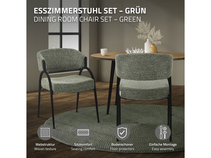  Ml-design lot de 4 chaises de salle à manger rembourrées en tissu bouclé, avec accoudoirs et dossier incurvée, cadre en acier, rembourrage confortable, pour salon cuisine bureau, 120 kg, vert ECD Germany GmbH - Conforama B