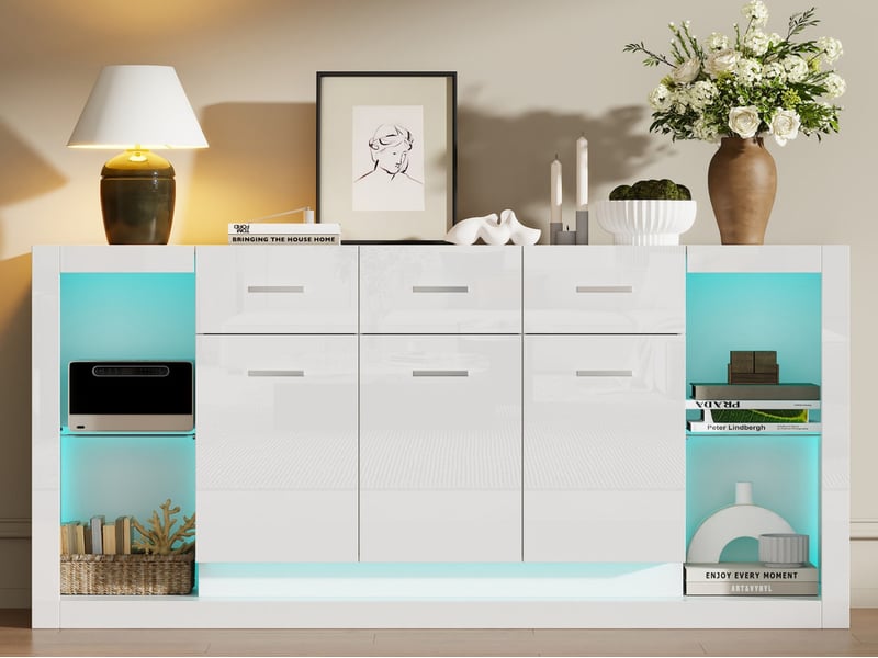 Buffet brillant blanc, 160 x 40 x 75 cm, commode vaisselier avec 3 tiroirs 3 portes et led - Conforama B