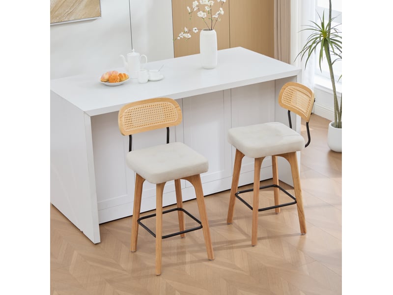  Lot de 2 tabourets de bar pivotants 44x51x96 cm – beige – dossier en rotin, assise chenille rembourrée  - Conforama B
