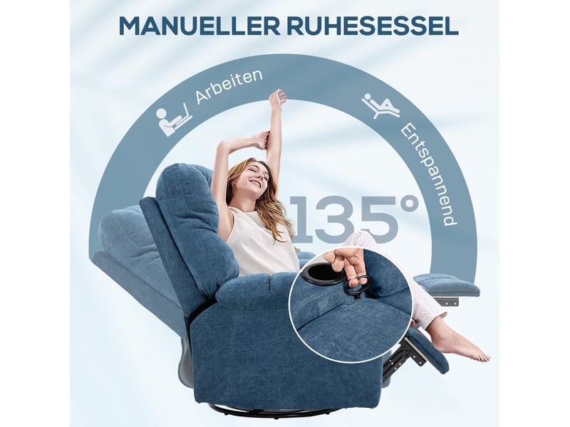Fauteuil relax pivotant et à bascule avec repose-pieds, porte-gobelets et dossier inclinable en polyester bleu - Conforama E