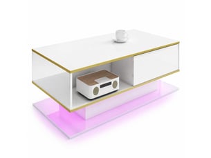 Table basse avec 3 tiroirs, 1 niche ouverte et led, finition brillante, pour salon, 100 × 50 × 40 cm, blanc et or