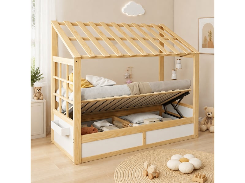  Lit cabane enfant 90 x 200 cm blanc et bois naturel avec rangement hydraulique et étagères latérales  - Conforama C