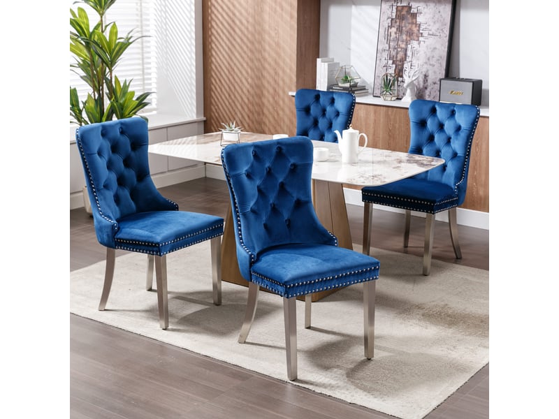  Lot de 2 chaises de salle à manger velours bleu, pieds chromés, dossier clouté – design moderne  - Conforama B
