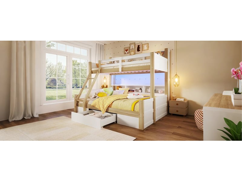  Lit superposé 90x200 cm et 140x200 cm, avec tiroir et led, en bois, blanc et naturel, sans matelas  - Conforama D