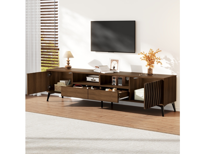  Meuble tv 180x35x45 cm avec 2 portes et 2 tiroirs en panneau de particules, passe-câbles, couleur marron  - Conforama D