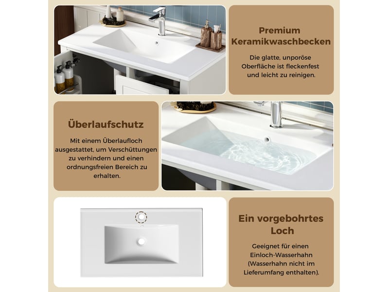  Meuble sous vasque 3 tiroirs, porte à fermeture douce, lavabo en céramique, salle de bain blanc 81 × 47 × 86 cm  - Conforama E