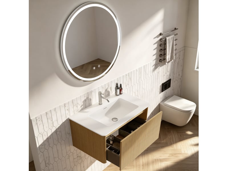  Meuble de salle de bain suspendu 81 x 46,5 cm – chêne – vasque intégrée et miroir led réglable  - Conforama B