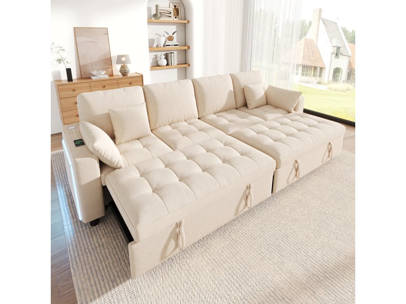 Canapé d’angle convertible 4 places en l, led, usbtype-c, dossier réglable 3 positions, chenille, beige Bliss Lite - Conforama B