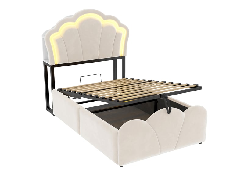  Lit d'enfant 90 × 200 cm, avec éclairage led, rangements intégrés, prises électriques intégrées, revêtement en velours,beige  - Conforama R