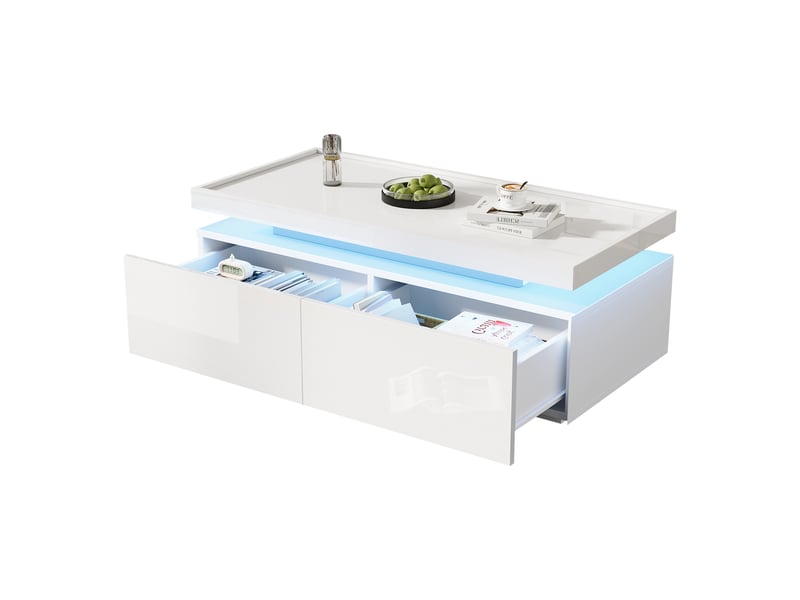  Table basse blanche brillante 95x45x35 cm, table de salon avec led et 2 tiroirs, design moderne  - Conforama D