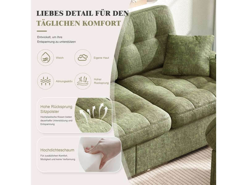  Canapé d’angle 3 places vec led pouf de rangement et ports usb et 2 tiroirs en chenille vert 194,5x133x83 cm BUYDEEMEUS - Conforama E