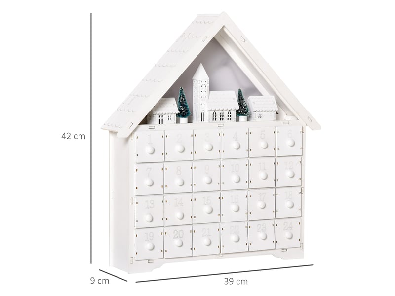  Calendrier de l'avent en bois à remplir, avec 24 tiroirs et village de noël décoré de sapins et de lumières, 39 x 9 x 42 cm  - Conforama E