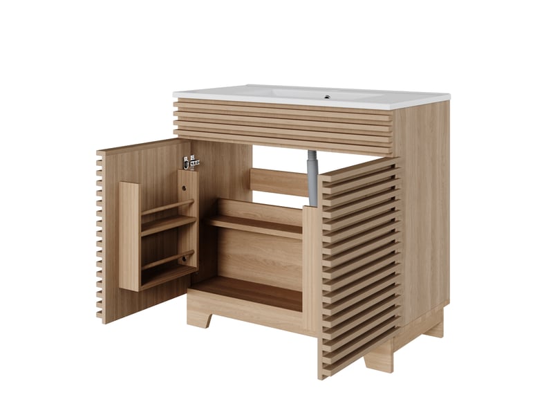  Meuble vasque de salle de bain 91x46x80cm en céramique et mdf avec rangement naturel chicfurn  - Conforama A