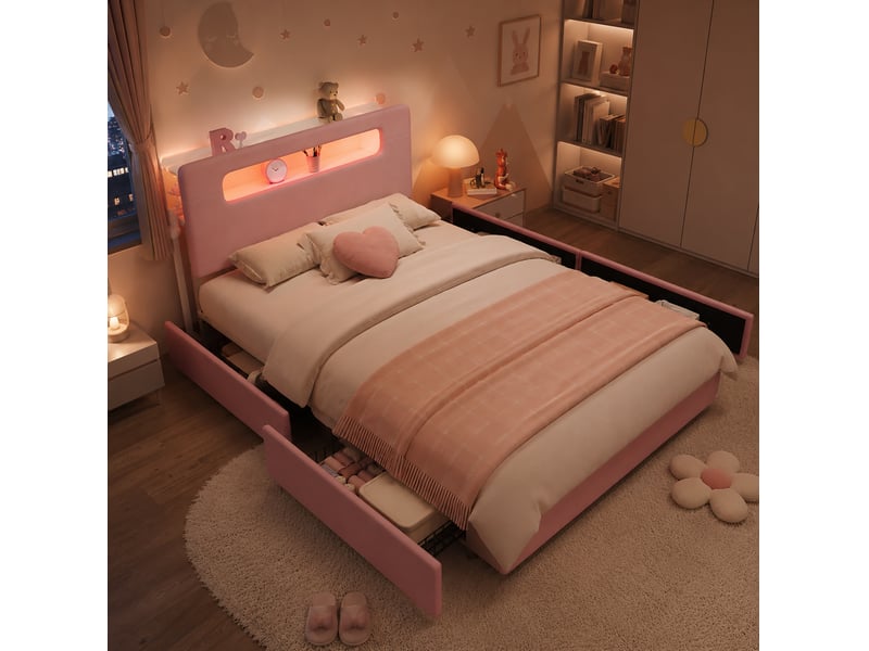  Lit enfant 140x200 cm avec 4 tiroirs latéraux et éclairage led contrôlé par application couleur rose sans matelas  - Conforama E