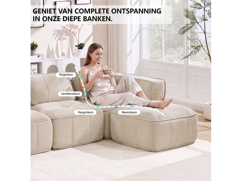 Canapé modulable en u 4 places avec 2 poufs, en polyester beige - Conforama D
