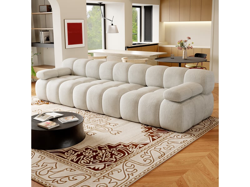 Canapé compressé 3 places 300x100x68 cm sans structure, sans montage, mousse haute résilience, assise profonde, tissu chenille blanc - Conforama C